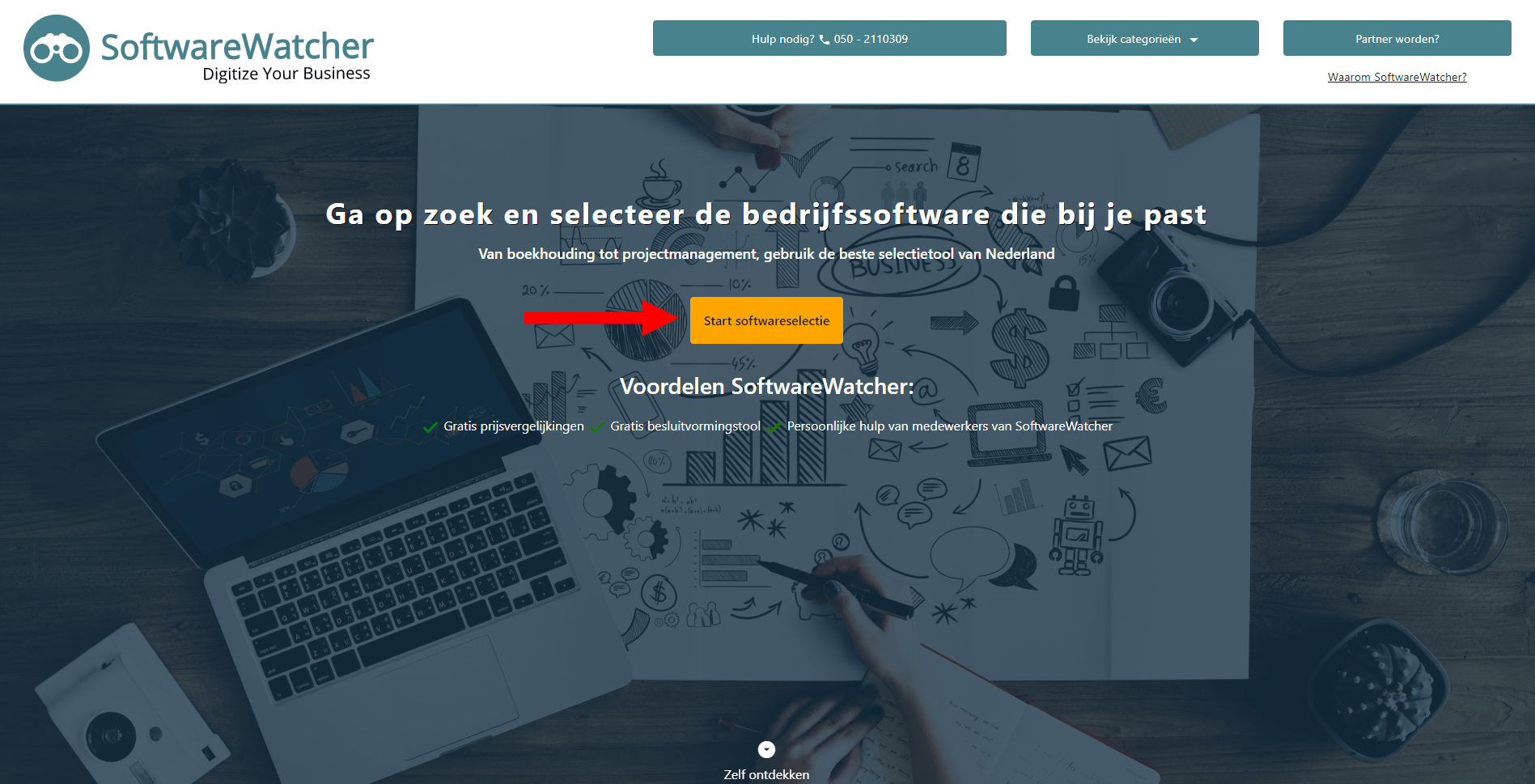 Softwareselectie tool op de homepage