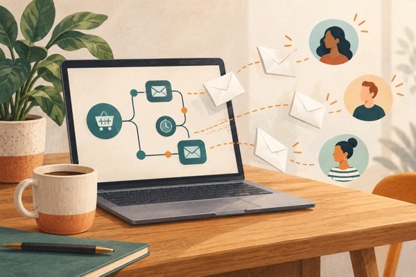 Illustratie van enveloppen die vanuit een webshop automatisch naar klanten worden verstuurd.