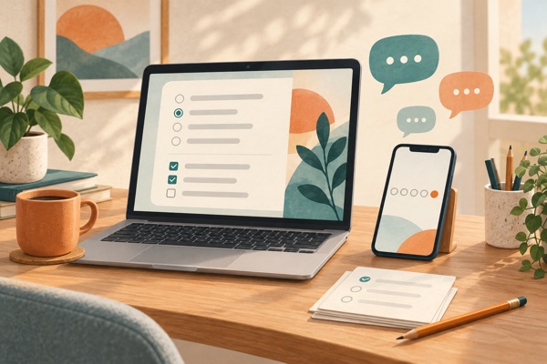 Illustratie van een laptop met een vragenlijst met keuzerondjes, een telefoon met een beoordelingsschaal en tekstballonnen.