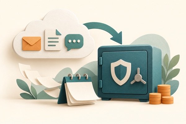 Illustratie van een wolk met mail- en documentpictogrammen, een pijl naar een kluis met een schild en een kalender die laat zien hoe ver je terug kunt.