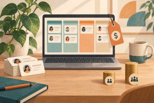 Illustratie van een laptop met een verkooppijplijn, contactkaarten en twee stapels munten van verschillende hoogte.