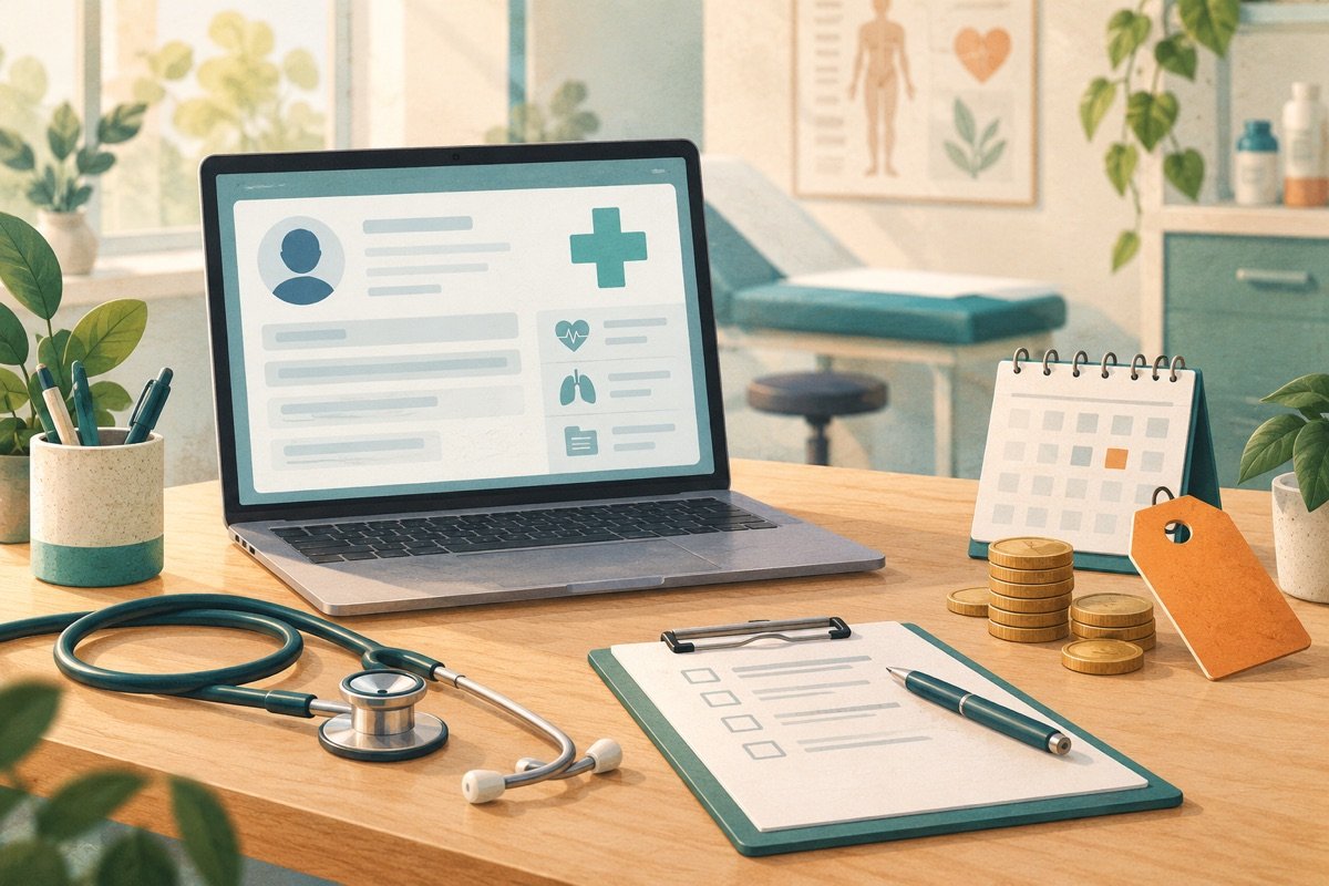 Illustratie van een bureau in een behandelkamer met een laptop met patiëntendossier, een stethoscoop, een klembord en munten.