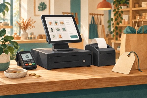 Illustratie van een toonbank met een tabletkassa, pinautomaat, bonprinter en kassalade.