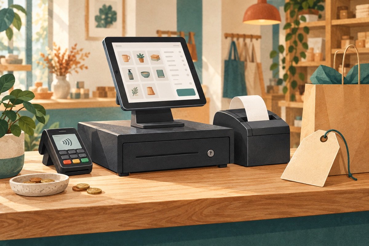 Illustratie van een toonbank met een tabletkassa, pinautomaat, bonprinter en kassalade.