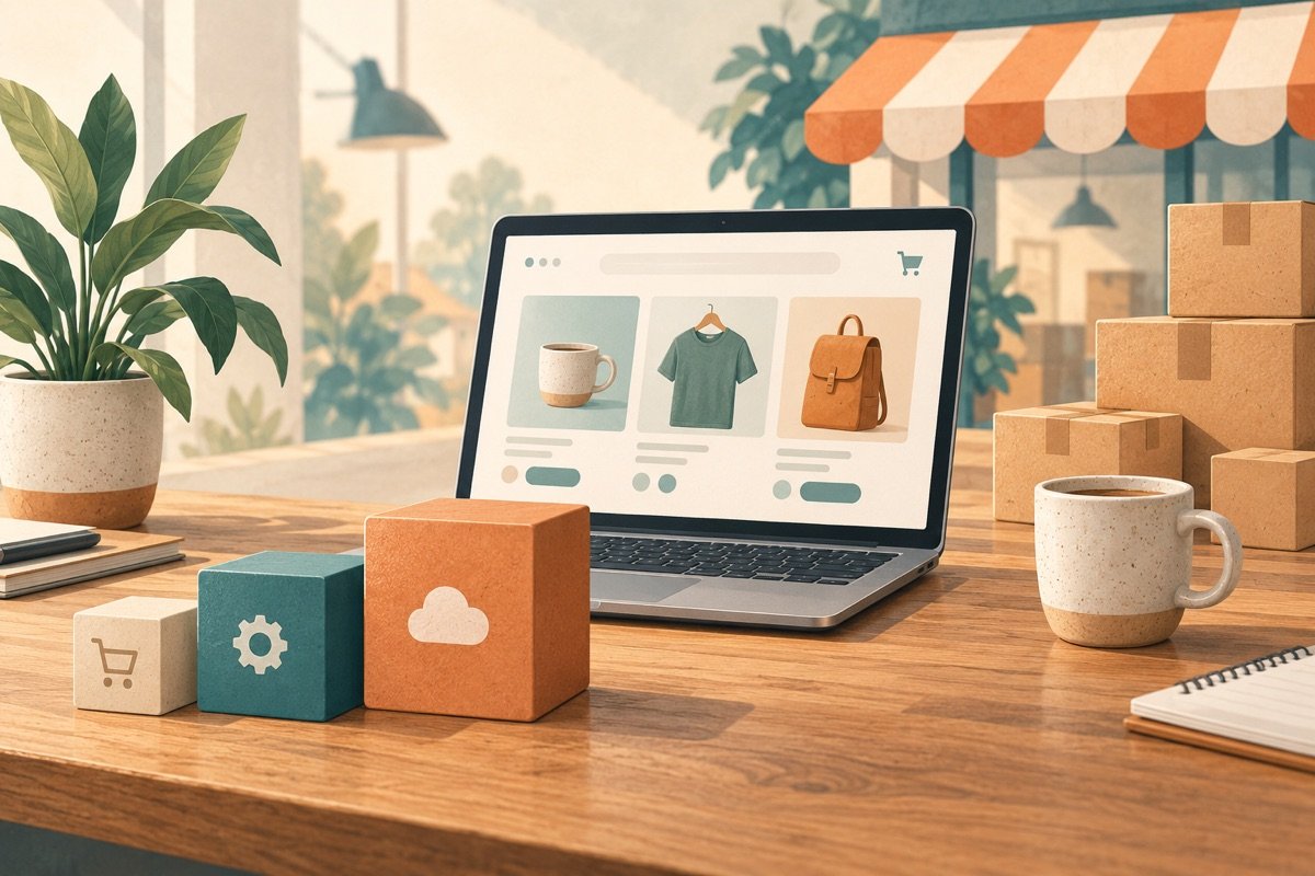 Illustratie van een etalage en een laptop met een webshop, met verzenddozen op de voorgrond.