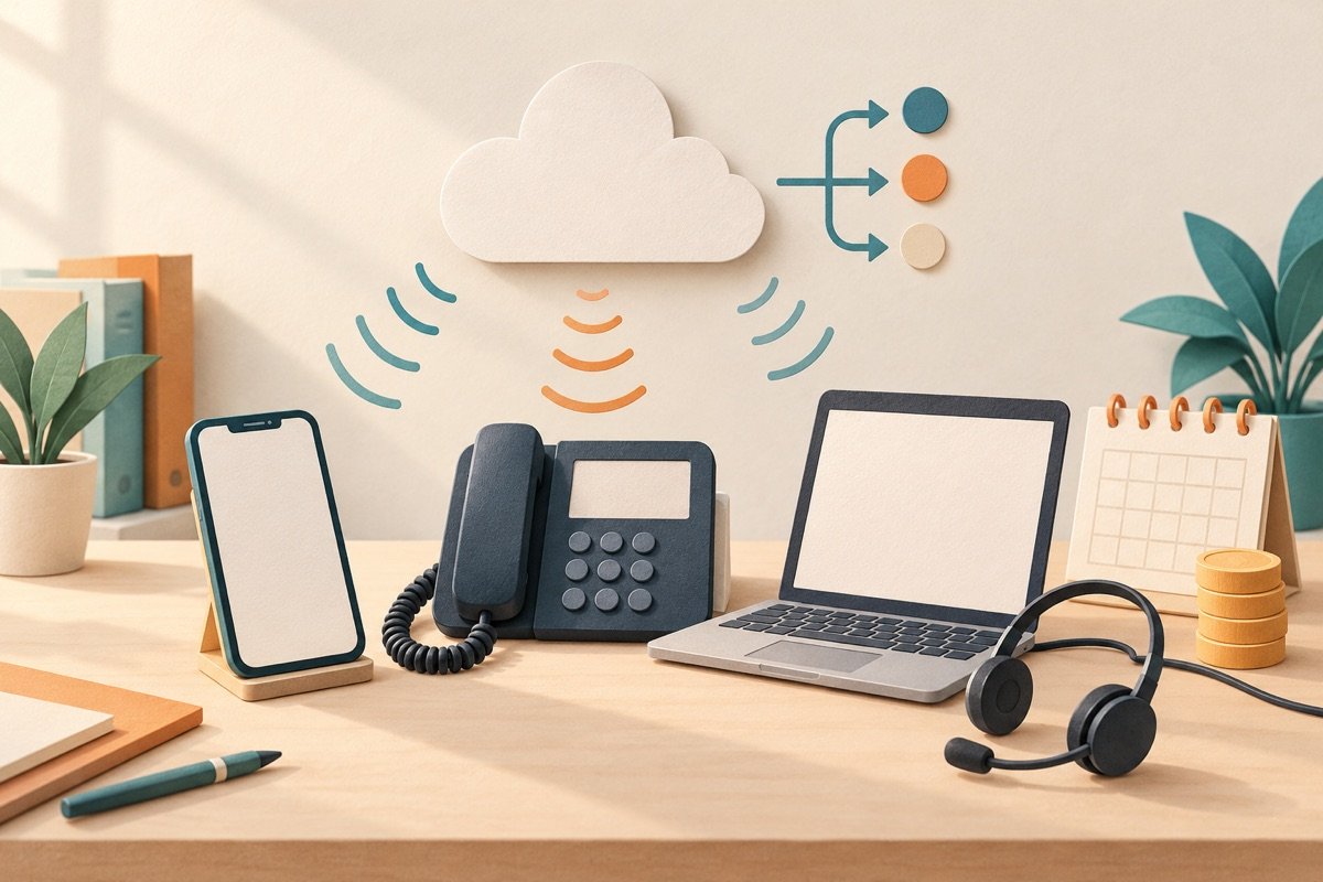 Illustratie van een bureau met een smartphone, een bureautelefoon en een headset bij een laptop, verbonden met een wolk, met een stapeltje munten en een kalender voor de maandelijkse kosten.