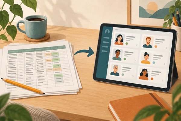Illustratie van de overstap van een klantenspreadsheet naar CRM-software.